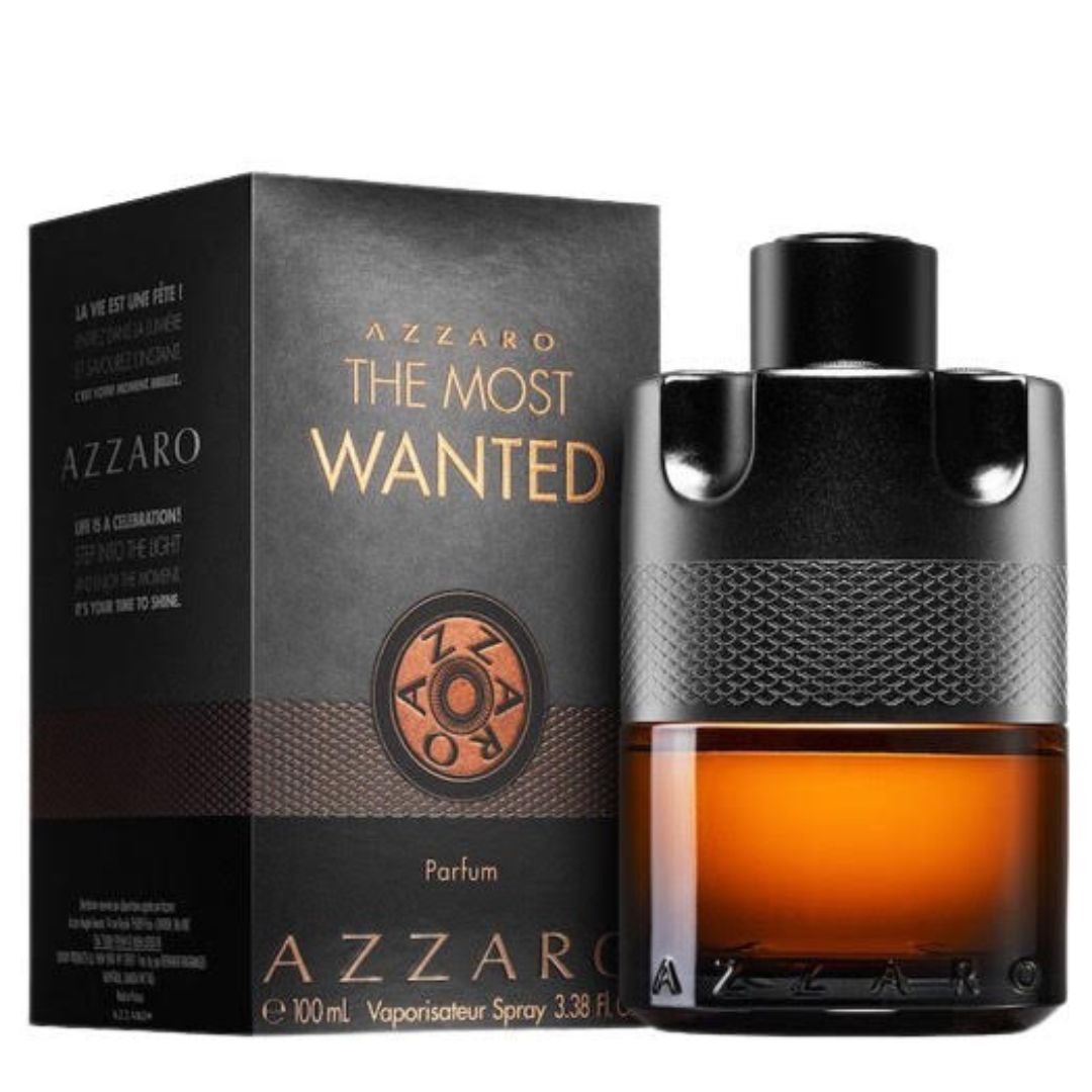 A bottle of Azzaro Most Wanted Parfum, 100 ml, with a bold, woody fragrance.