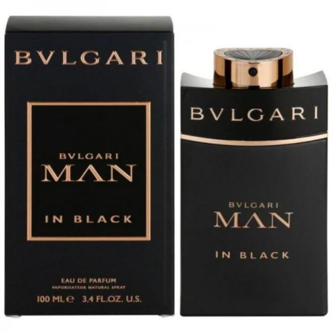 A glass perfume bottle with a dark liquid, featuring the Bvlgari Man in Black logo.