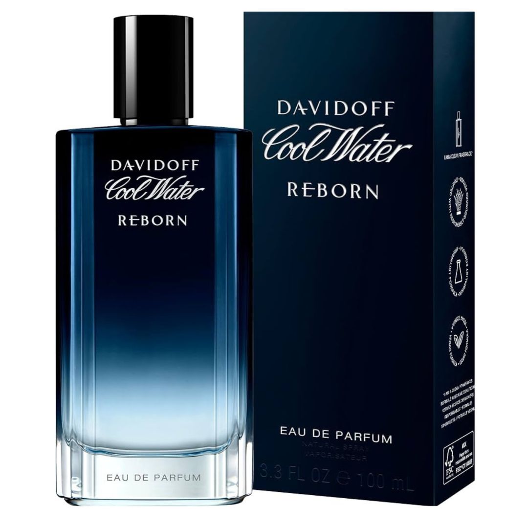 A blue glass bottle with a silver cap, containing Davidoff Cool Water Reborn Eau De Parfum. The fragrance is a refreshing blend of citrus, aromatic, and woody notes.