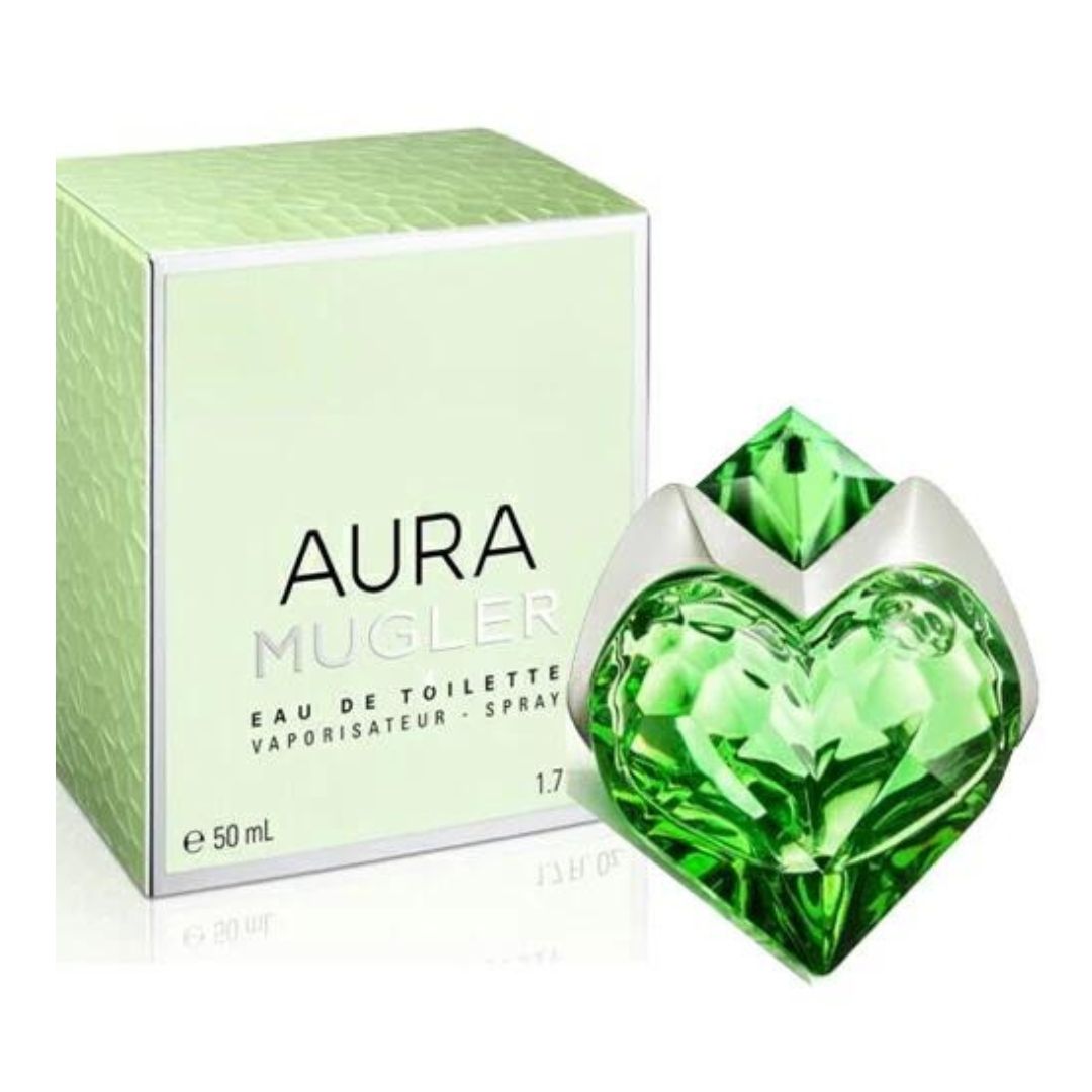 A 50ml bottle of Mugler Aura, a women's fragrance with a distinctive floral woody scent.