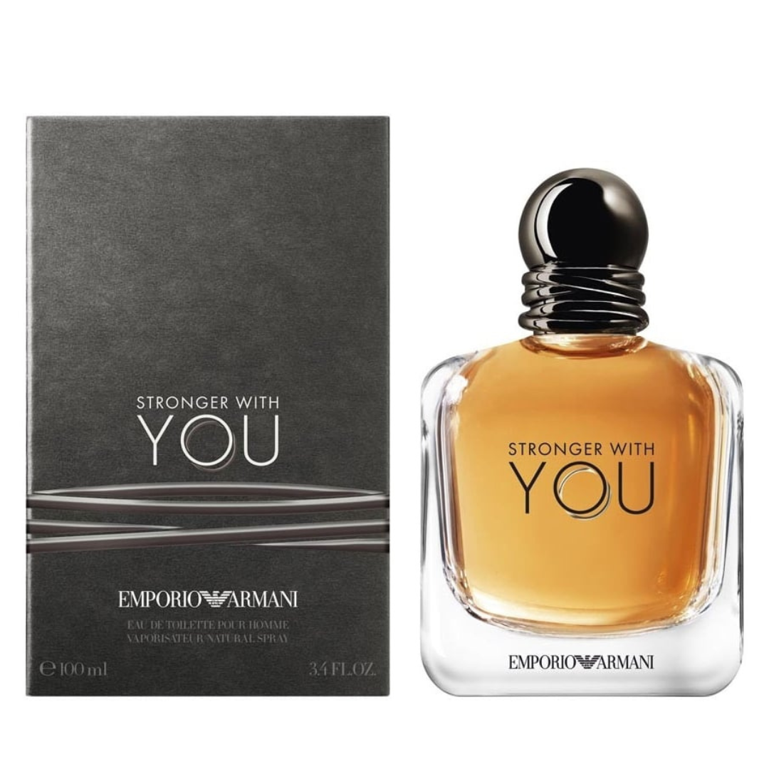A sleek, masculine-designed perfume bottle of Emporio Armani Stronger With You, 100ml.