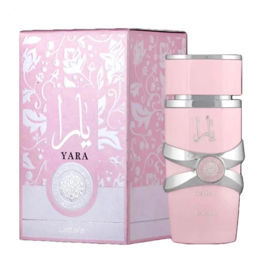 A sleek, feminine-designed perfume bottle of Lattafa Yara, 100ml.