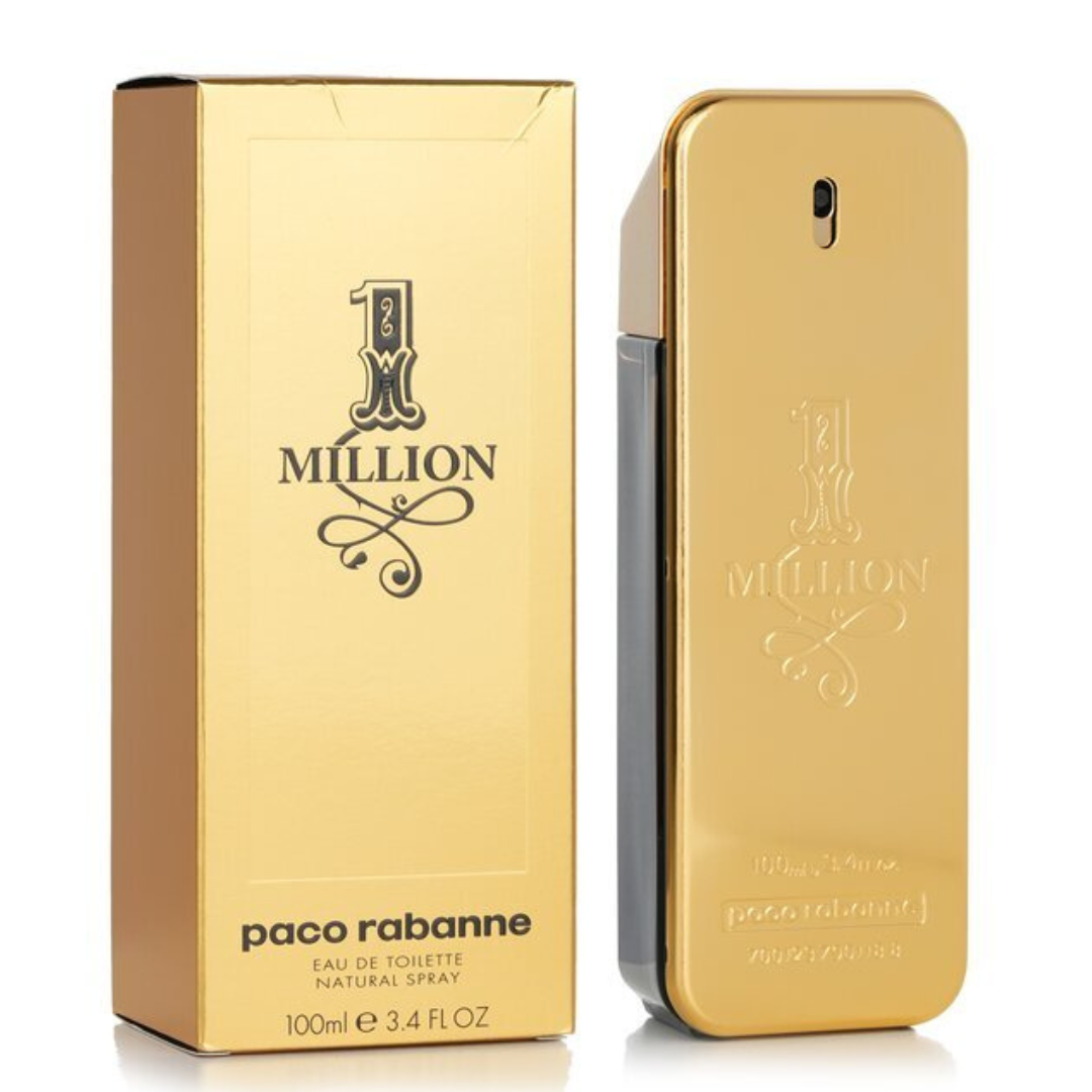 A glass perfume bottle of Paco Rabanne One Million Eau de Toilette, containing 100 milliliters.