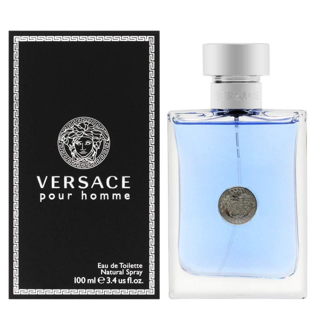 A glass bottle of Versace Pour Homme Eau De Toilette, a popular men's fragrance, containing 100 milliliters.