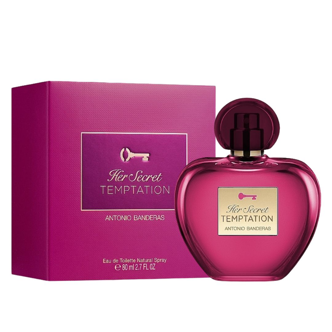 A sleek, glass bottle of Antonio Banderas Her Secret Temptation Eau De Toilette, featuring a captivating blend of floral and fruity notes.