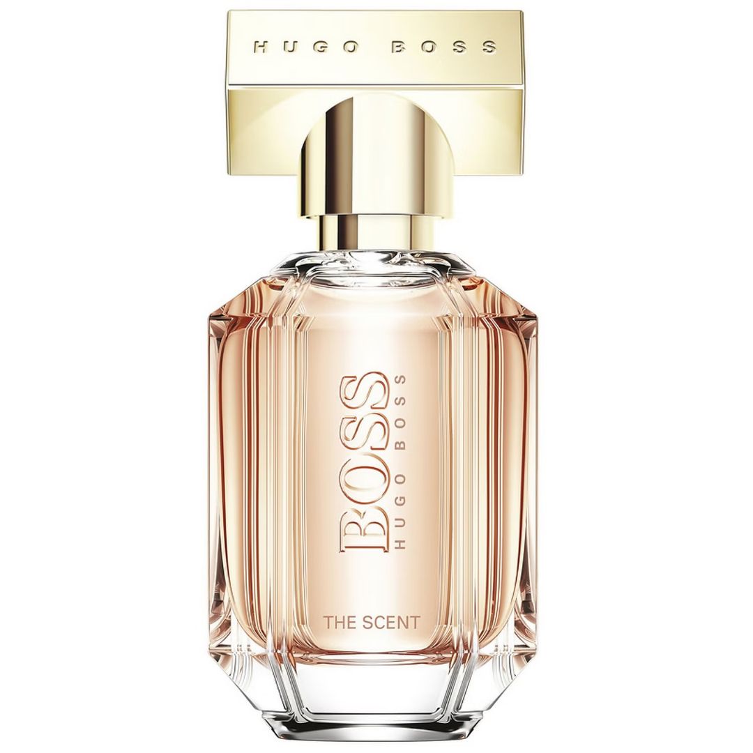 A pink glass bottle containing Hugo Boss The Scent for Her Eau De Parfum, 100 ml.