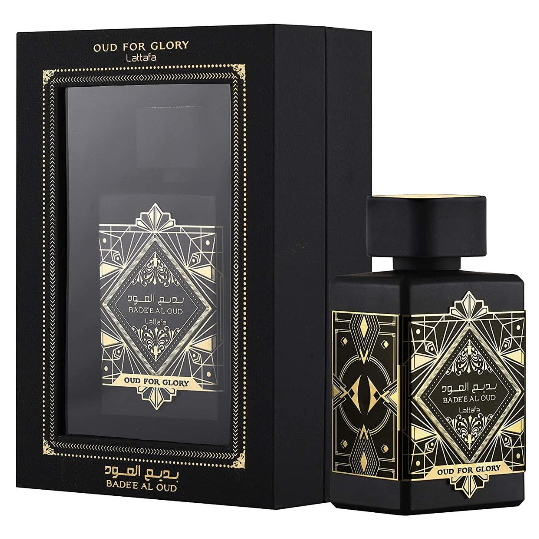 A perfume bottle labeled Lattafa Badee Al Oud For Glory, containing 100ml of fragrance. More Detailed:
