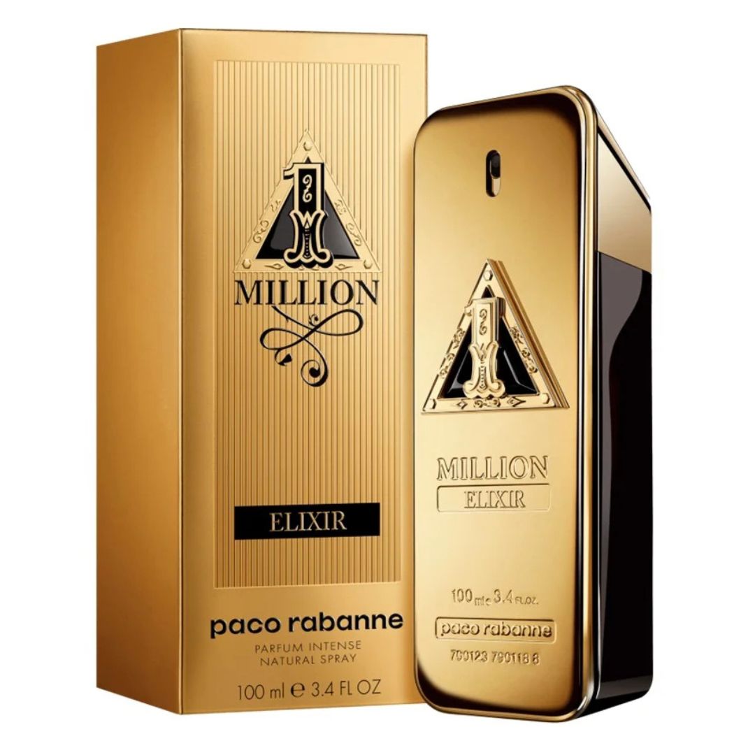 A gold-colored bottle with a diamond-shaped cap, containing Paco Rabanne One Million Elixir Parfum Intense.