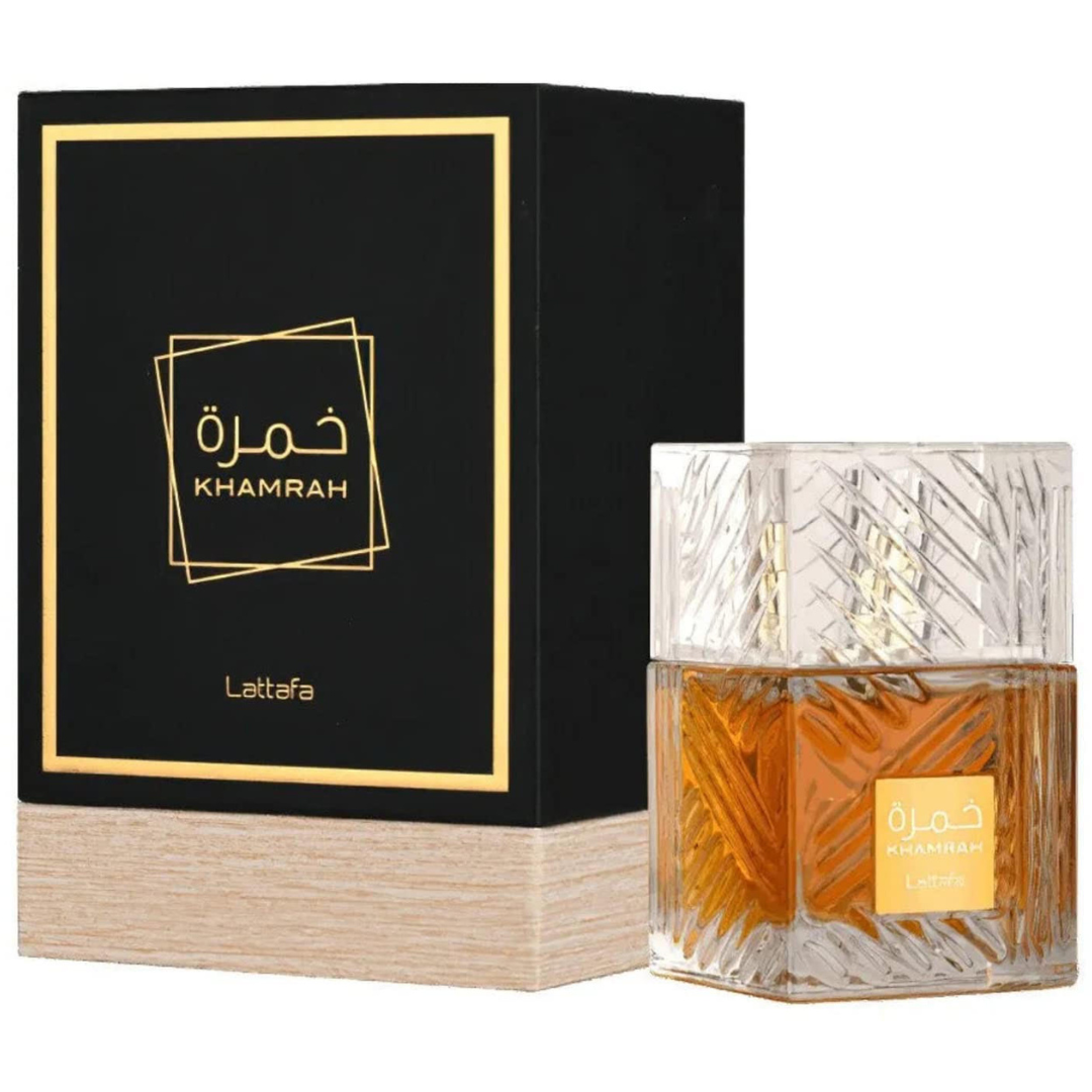 Lattafa Khamrah Eau de Parfum, a popular unisex cologne in a 100ml bottle.