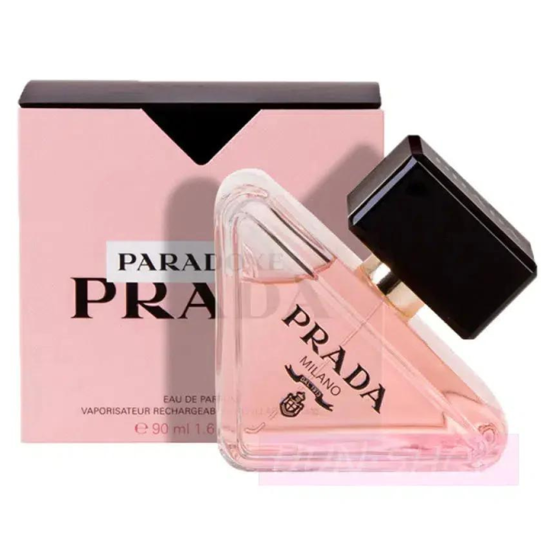 A glass perfume bottle of Prada Paradoxe Eau de Parfum, containing 90 milliliters.