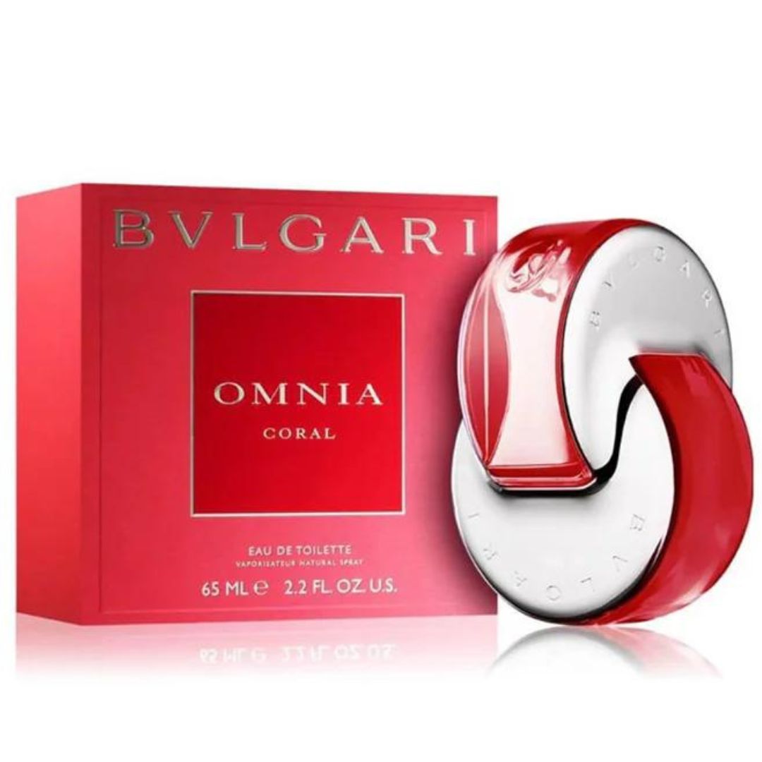 A 65ml bottle of Bvlgari Omnia Coral, a women's fragrance with a coral-inspired scent.
