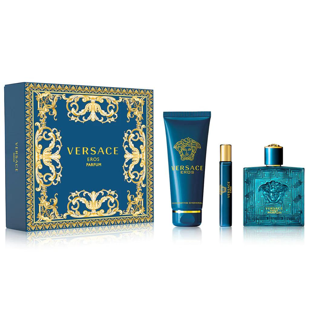 Versace Eros Parfum 100ml gift set for men, containing 3 complementary products.
